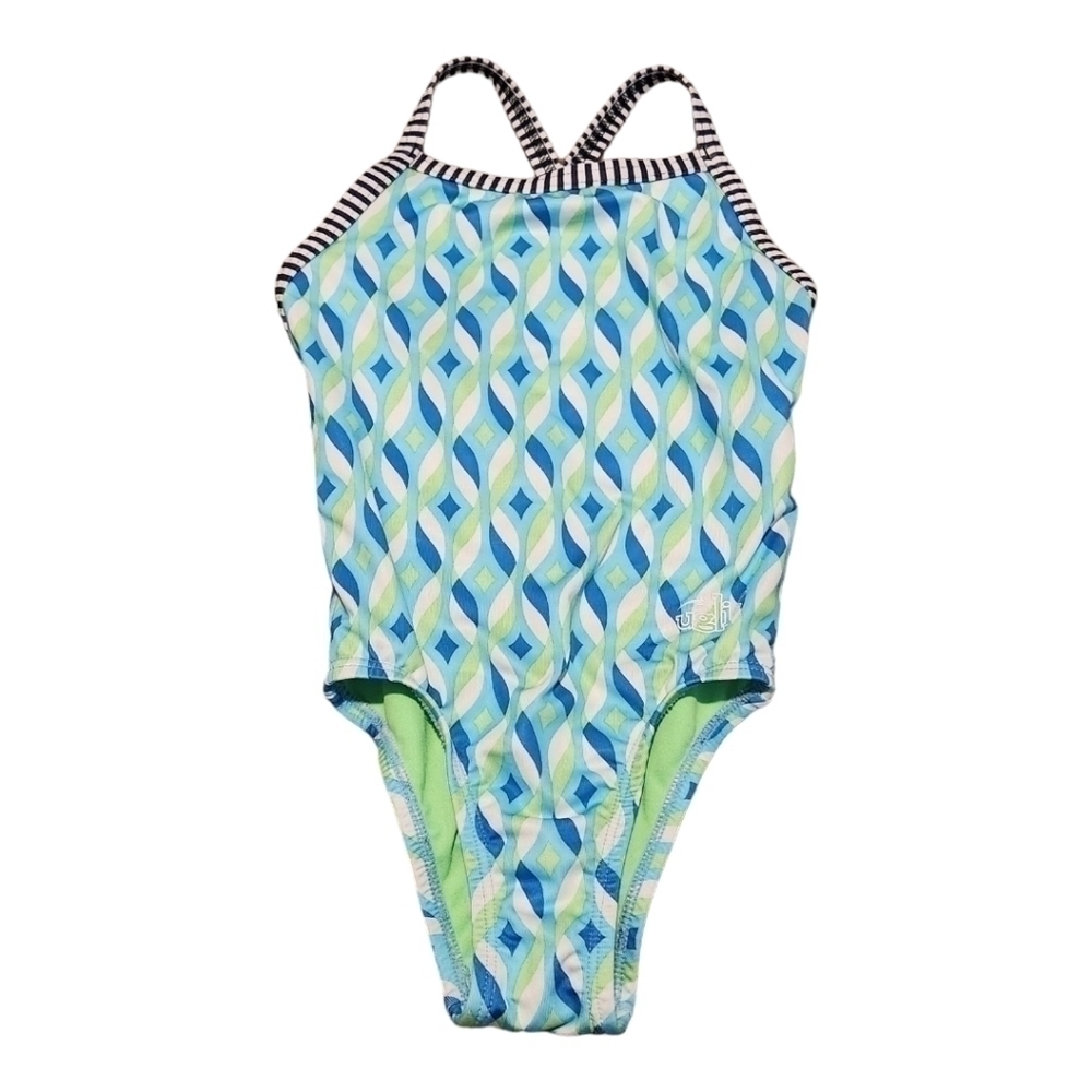 DOLFIN Girl's Blue Green and White One Piece Swim Suit, size 8